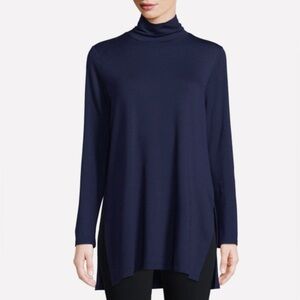 Eileen Fisher Stretch Fine Knit Long Sleeve Jersey Mock Neck Tunic Black Women M